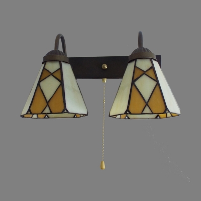Living Room Cone Wall Light with Pull Chain Glass 2 Lights European Style Sconce Light in Beige/Blue