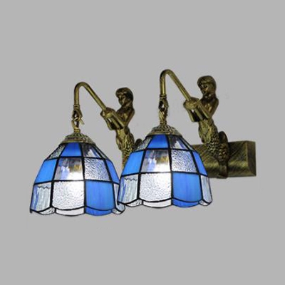 Mermaid Living Room Wall Light Blue/Clear Glass 2 Lights Antique Style Sconce Lamp