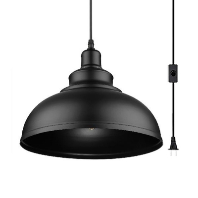 Metal Domed Shade Pendant Light 1 Light Industrial Plug In Hanging Light in Black for Bar Study