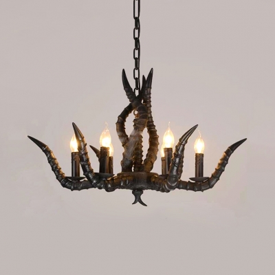 ntique Style Candle Chandelier with Deer Horn 6 Lights Resin Hanging Light in Black for Dining Room