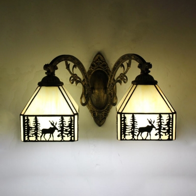 Rustic House Shape Wall Light with Deer Decoration 2 Lights Glass Sconce Light for Kitchen