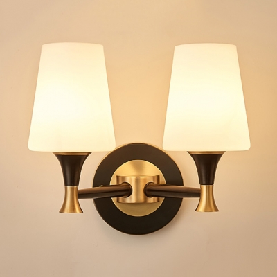 Tapered Shade Living Room Sconce Light Glass 1/2 Lights Antique Style Wall Sconce in White