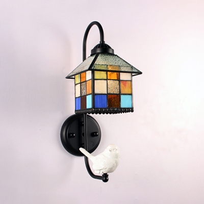 Tiffany Style Colorful Wall Lamp House Shape Stained Glass and Resin Sconce Light with Bird/Angel Decoration for Cafe