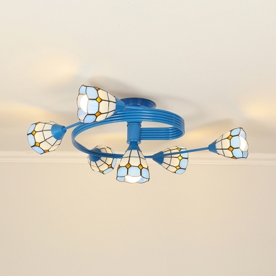 Tiffany Style Cone Semi Flush Mount Light 4/6 Lights Stained Glass Light Fixture for Bedroom
