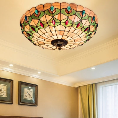 Tiffany Style Flush Mount Light Peacock Tail Stained Glass Ceiling Light for Bedroom