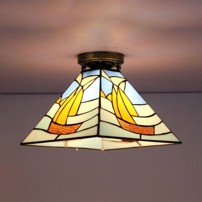 Trapezoid Flush Mount Light 1 Light Tiffany Style Stained Glass Ceiling Light for Foyer