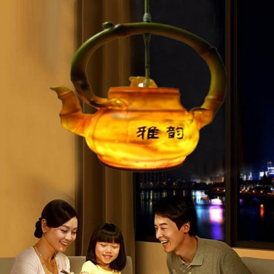 Vintage Teapot Shape Pendant Light Single Light Yellow Hanging Light for Dining Room