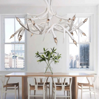 White Deer Horn Chandelier 22 Lights Rustic Style Resin Pendant Lighting for Living Room Foyer