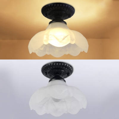 White Flower Ceiling Lamp 1 Light Rustic Frosted Glass Flush Mount Light for Bedroom