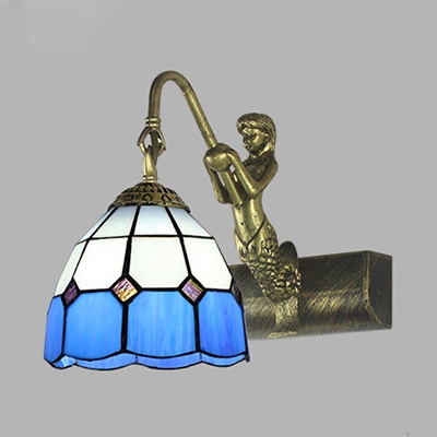 1 Light Dome Wall Sconce with Mermaid Tiffany Style Antique Stained Glass Light Fixture for Bedroom