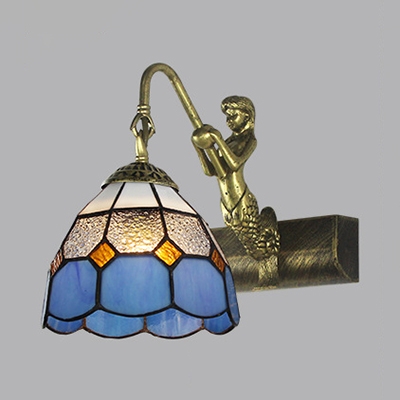 1 Light Dome Wall Sconce with Mermaid Tiffany Style Antique Stained Glass Light Fixture for Bedroom