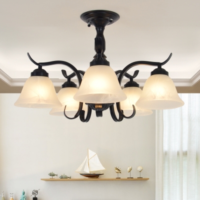 3/5 Lights Bell Semi Flush Mount Light American Rustic Frosted Glass Light Fixture in Black for Bedroom