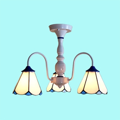3 Lights Cone Semi Flush Light Traditional Blue/White Glass Ceiling Lamp for Bedroom