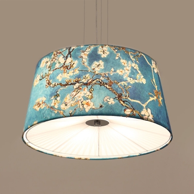 4 Lights Drum Shape Pendant Lamp Traditional Fabric Chandelier with 3 Color Choice for Study Bedroom