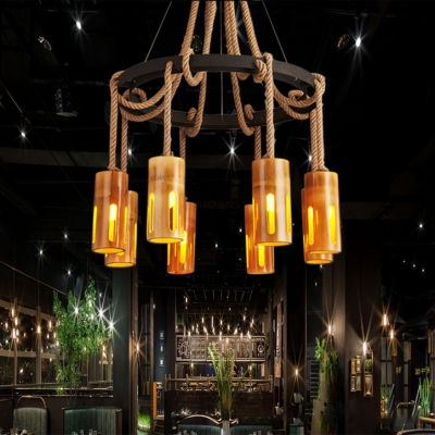 6/8 Lights Cylinder Chandelier Vintage Style Bamboo and Rope Ceiling Light in Brown for Coffee Shop