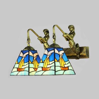 Antique Style Boat Wall Light with Mermaid 2 Lights Stained Glass Wall Lamp for Bedroom