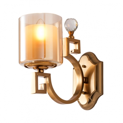 Antique Style Wall Light with Cylinder Shade 1 Light Clear Glass Metal Sconce Lamp with Crystal Decoration for Living Room