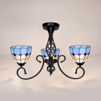 Antique Style White/Blue Ceiling Light Cone 3 Lights Glass Semi Flush Mount Light for Kitchen