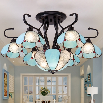Blue/Clear Glass Dome Ceiling Light 7 Lights European Style Semi Flush Light for Dining Room