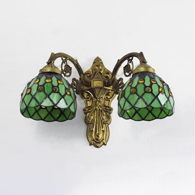 Bowl Living Room Sconce Light Green/Blue Glass 2 Lights Tiffany Style Antique Wall Light