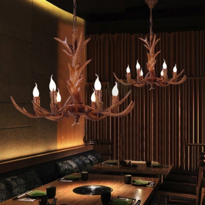 Candle Shape Dining Room Chandelier with Deer Decoration Resin 6/9 Lights Vintage Style Pendant Light