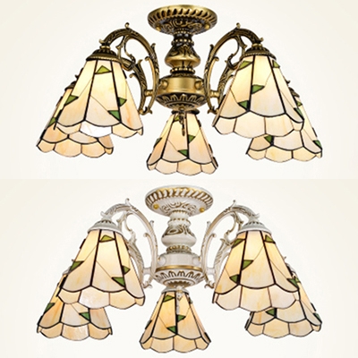 Conical Living Room Ceiling Lamp Glass 5 Lights Tiffany Style Rustic Semi Flush Mount Light in Aged Brass/White