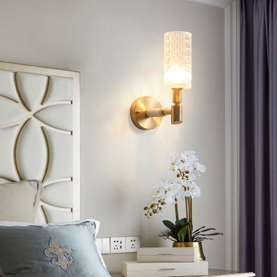 Contemporary Cylinder Shade Wall Sconce Glass Metal 1 Light Brass Wall Light for Bedroom