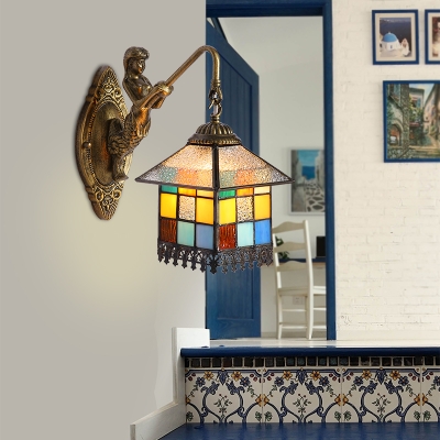 Creative Tiffany Style Wall Lamp 1 Light House Shape Mermaid Arm Sconce Light for Restaurant Hotel