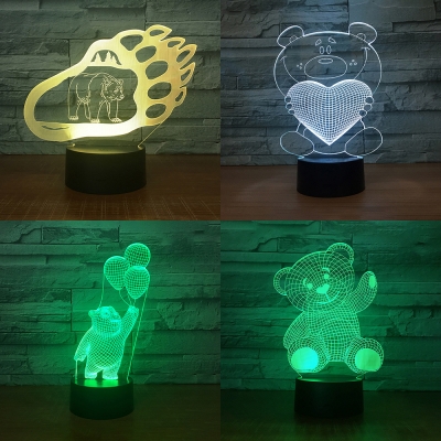 Home Decor 3D Optical Nightlight 7 Color Changing Toy Bear Pattern LED Bedside Light with Touch Sensor for Bedroom