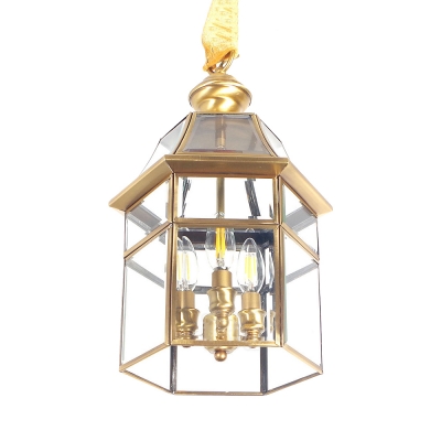 House Shape Pendant Chandelier 3 Lights Antique Style Clear Glass and Metal Hanging Light for Hallway