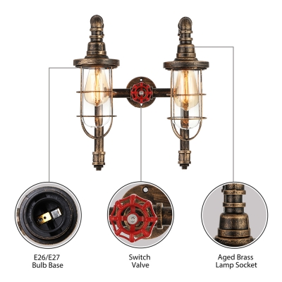 Industrial Wall Sconce Nautical Style with Bronze Metal Cage Frame and Clear Glass Shade