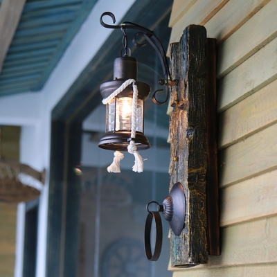 Lantern Wall Light with Wood Backplate Single Light Rustic Lodge Wall Lamp in Aged Bronze