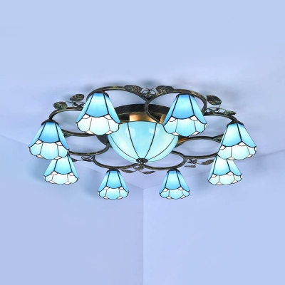 Living Room Conical Ceiling Light Glass 5/9 Lights Tiffany Style Blue Semi Flush Ceiling Light