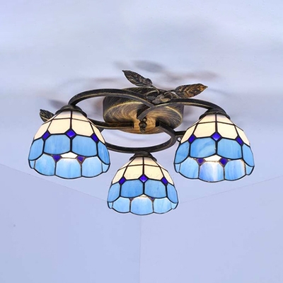 Mediterranean Style Cone Ceiling Light 3 Lights Stained Glass Semi Flush Mount Light for Restaurant