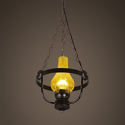 Metal Cracked Glass Kerosene Hanging Lamp 1 Light Antique Style Light Fixture in Black for Kitchen