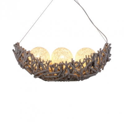 Rustic Style Globe Rattan Shade Hanging Fixture 1/3-Light Ceiling Lighting for Bedroom with Bird Nest Design