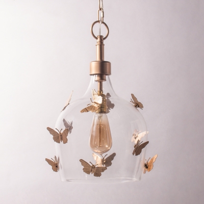 Rustic Style Hanging Light with Butterfly Decoration 1/3 Lights Metal and Open Clear Glass Ceiling Light in Gold
