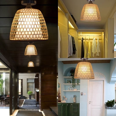 Single Light Bell Shape Semi Flush Light Vintage Style Wood and Acrylic Ceiling Light Fixture for Bedroom