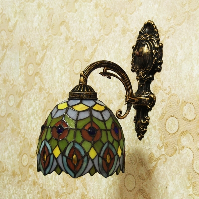 Stained Glass Dome Wall Lamp Flower Shape Tiffany Style Sconce Light for Hallway Restaurant