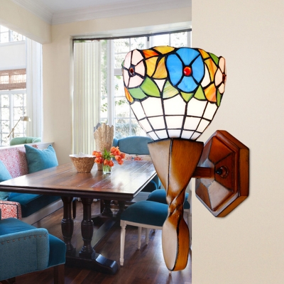Stained Glass Wood Wall Lamp Living Room 1 Light Bohemian Style Flower Wall Light for Bedroom