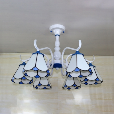Tiffany Style Blue/White Ceiling Light Cone 6 Lights Glass Semi Flush Light for Living Room