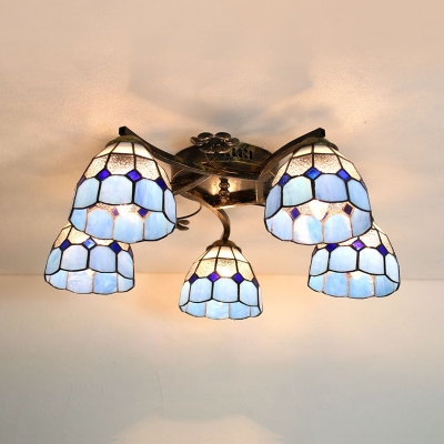 Tiffany Style Conical Flush Ceiling Light 5 Lights Glass Overhead Light for Dining Room