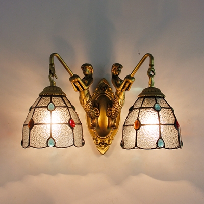 Tiffany Style Dome Wall Light Stained Glass 2 Lights Sconce Light with Mermaid for Bedroom