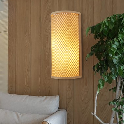 Vintage Style Cylinder Wall Lamp Single Light Rattan Sconce Wall Light in Beige for Bedroom Study