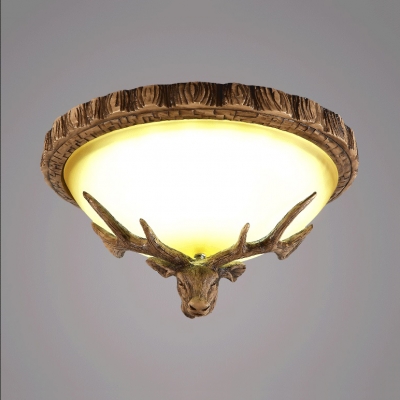 Vintage Style Domed Shape Flush Mount Light Resin and Glass 3 Lights Ceiling Fixture with Deer Decoration