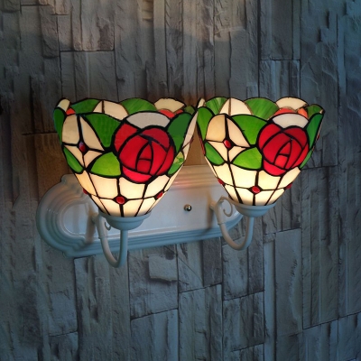 Vintage Style Flower Sconce Light 2 Lights Stained Glass Wall Light for Living Room Foyer