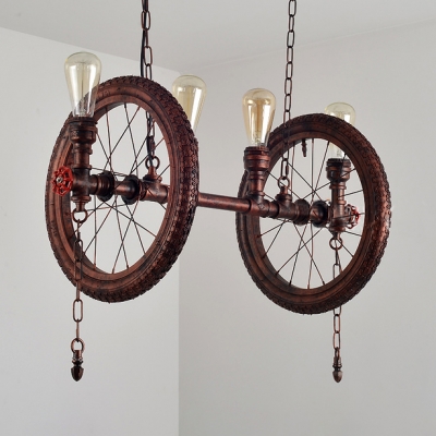 Wheel Island Lighting with Hanging Chain 4 Lights Industrial Metal Island Ceiling Light in Rustic Copper for Coffee Shop