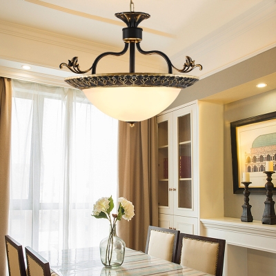 White Domed Shape Hanging Light 3 Lights Antique Style Metal and Frosted Glass Chandelier for Hotel