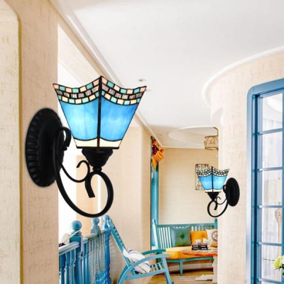 1 Light Sconce Lamp Mediterranean Style Glass Wall Light with 3 Pattern Option for Bedroom