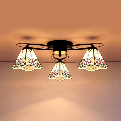 3 Lights Down Lighting Ceiling Light Rustic Style Glass Semi Ceiling Mount Lamp for Bedroom